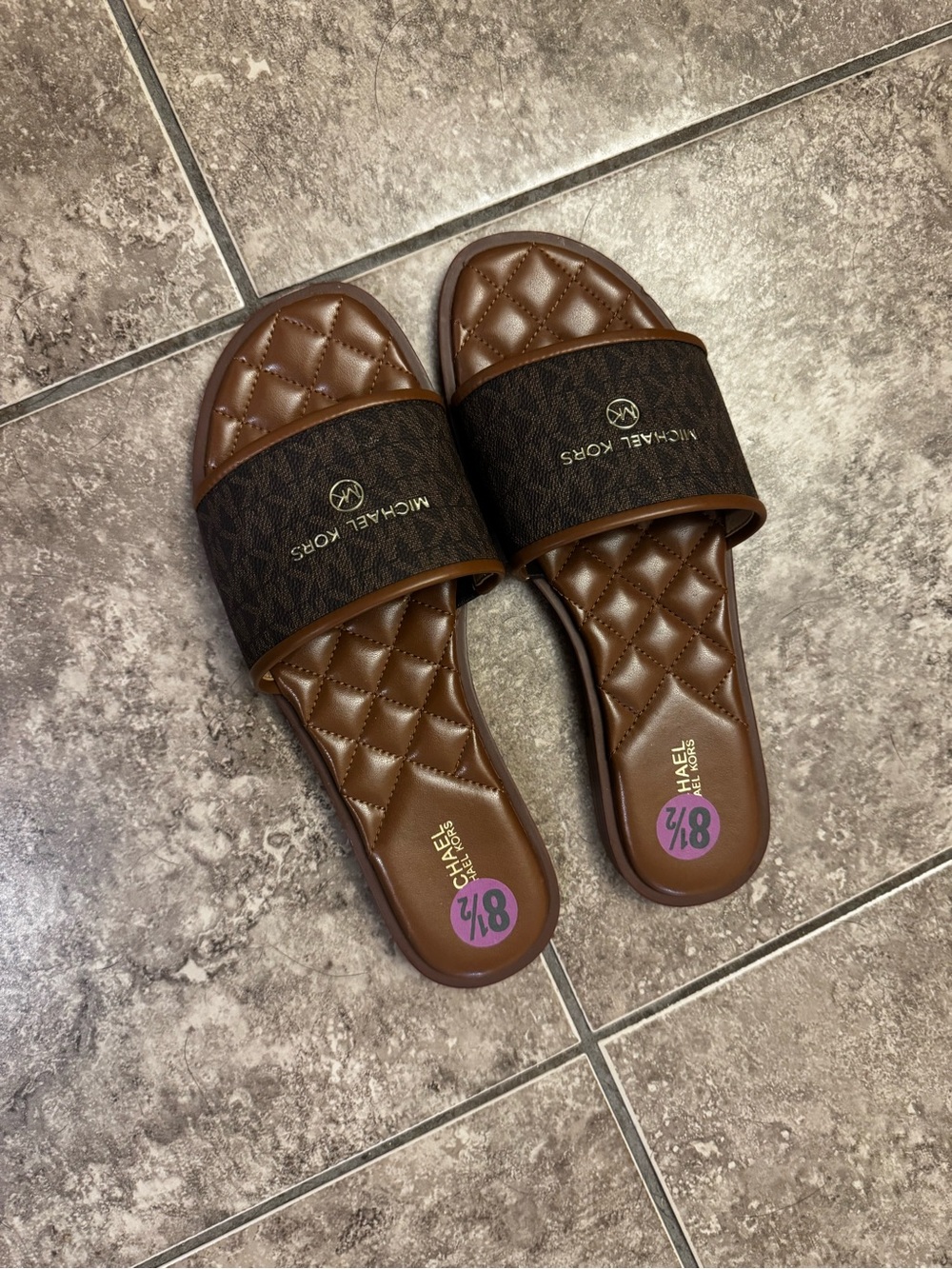 Michael Kors Brown Logo Quilted Slide Sandals